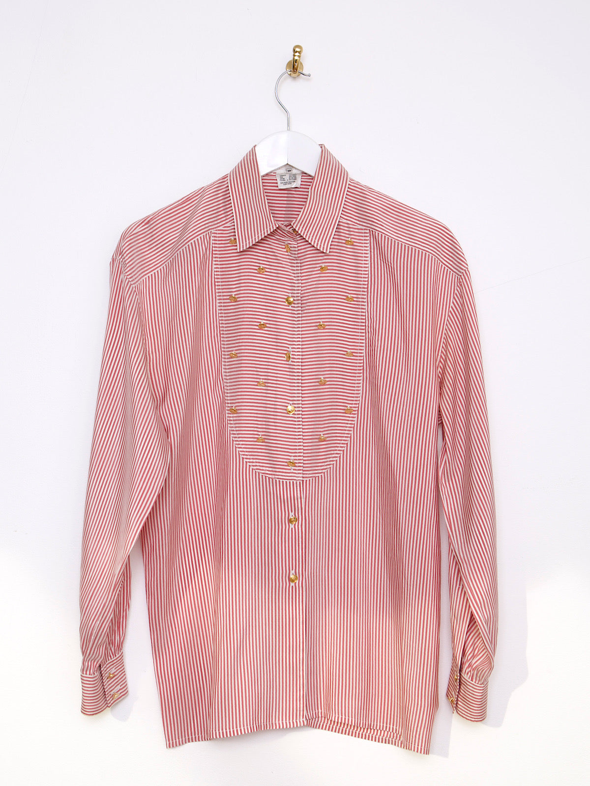 Vintage Escada silk shirt with red stripes and gold buttons.