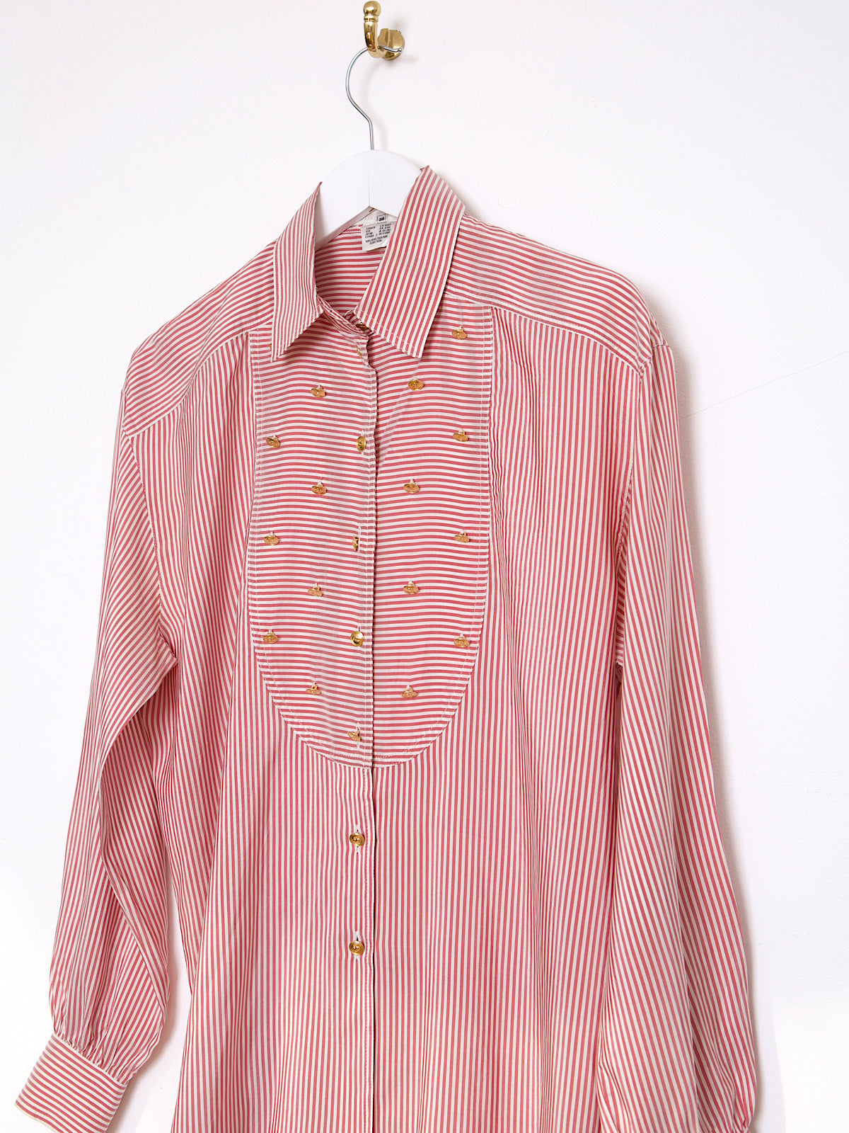 Vintage Escada silk shirt with red stripes and gold buttons.