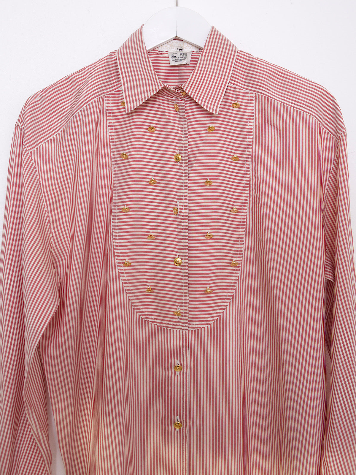 Vintage Escada silk shirt with red and white stripes, gold buttons, classic collar, 90s style vintage clothing.