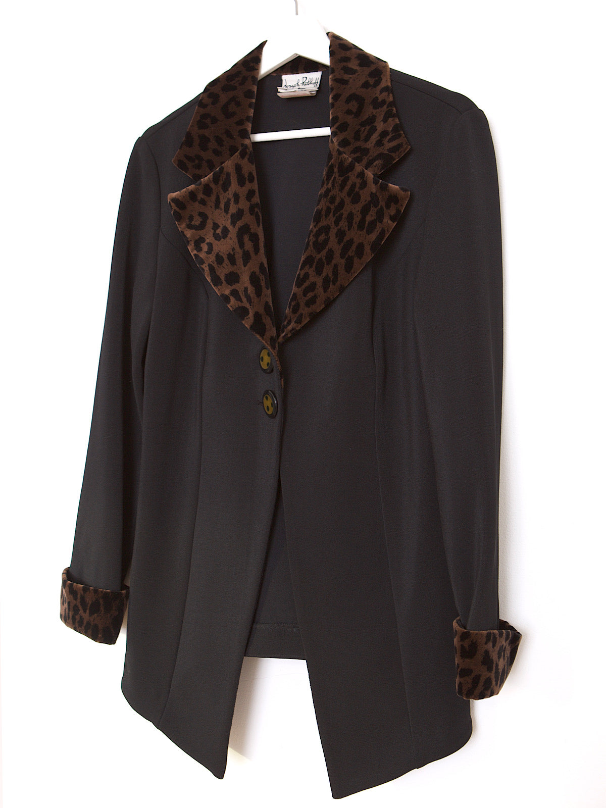 Y2K BLACK FITTED JACKET WITH FAUX LEOPARD TRIM