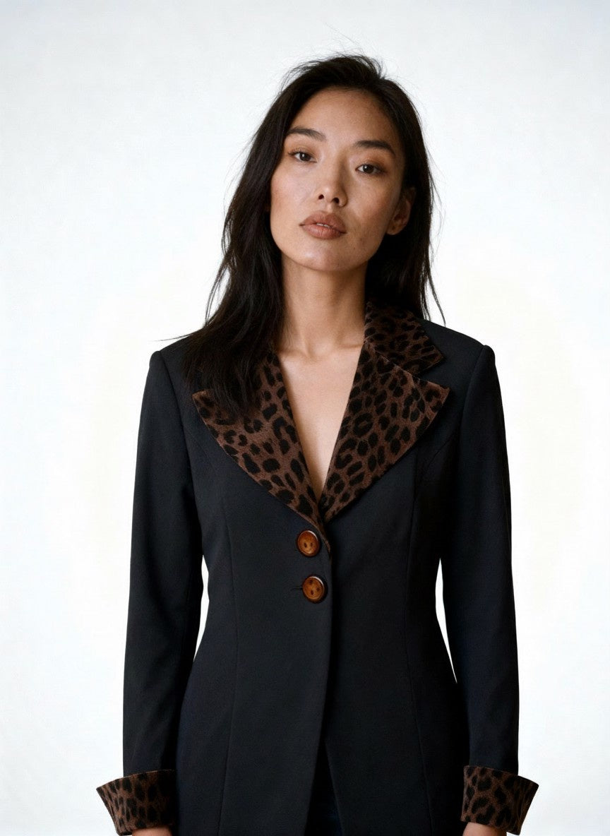 Y2K BLACK FITTED JACKET WITH FAUX LEOPARD TRIM