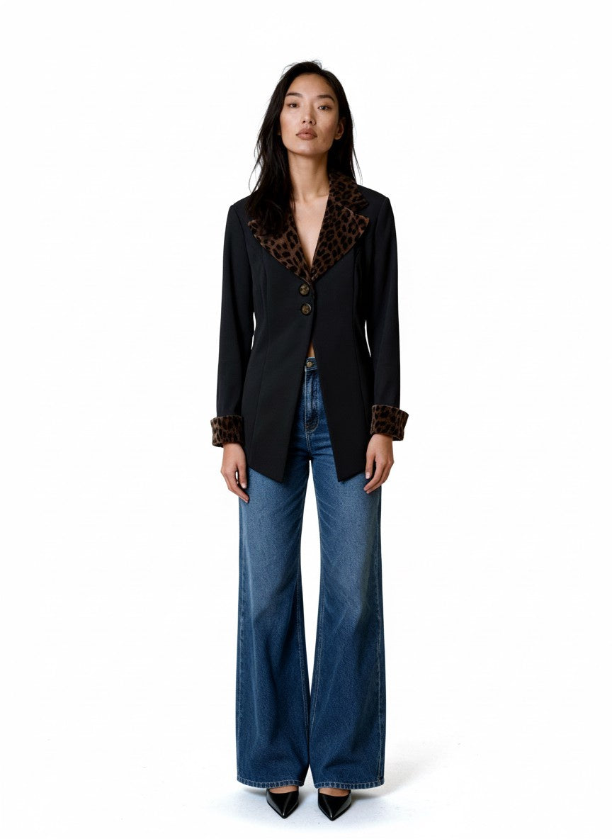 Y2K BLACK FITTED JACKET WITH FAUX LEOPARD TRIM