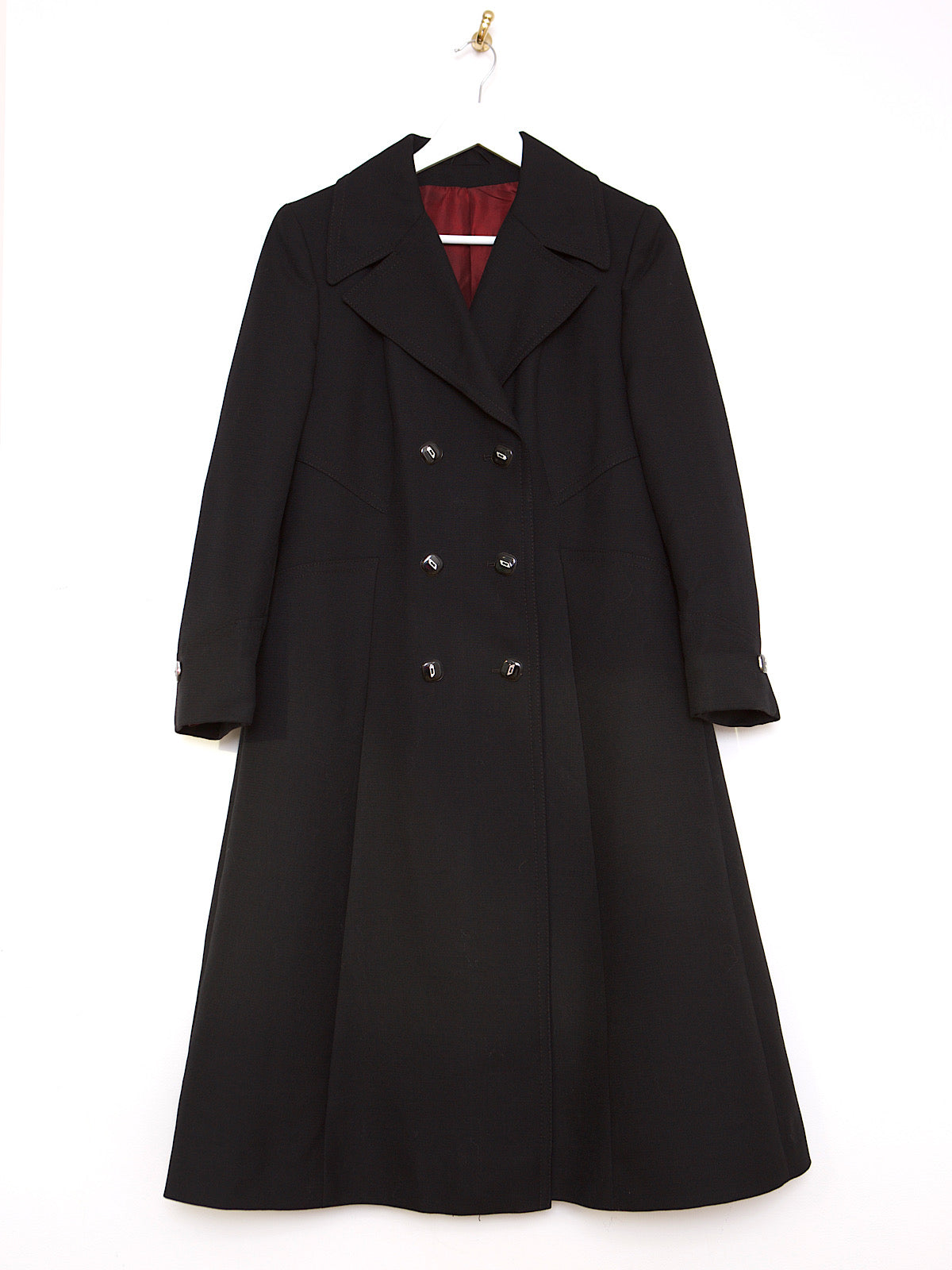 60S VINTAGE BLACK WOOL TRENCH COAT DOUBLE BREASTED