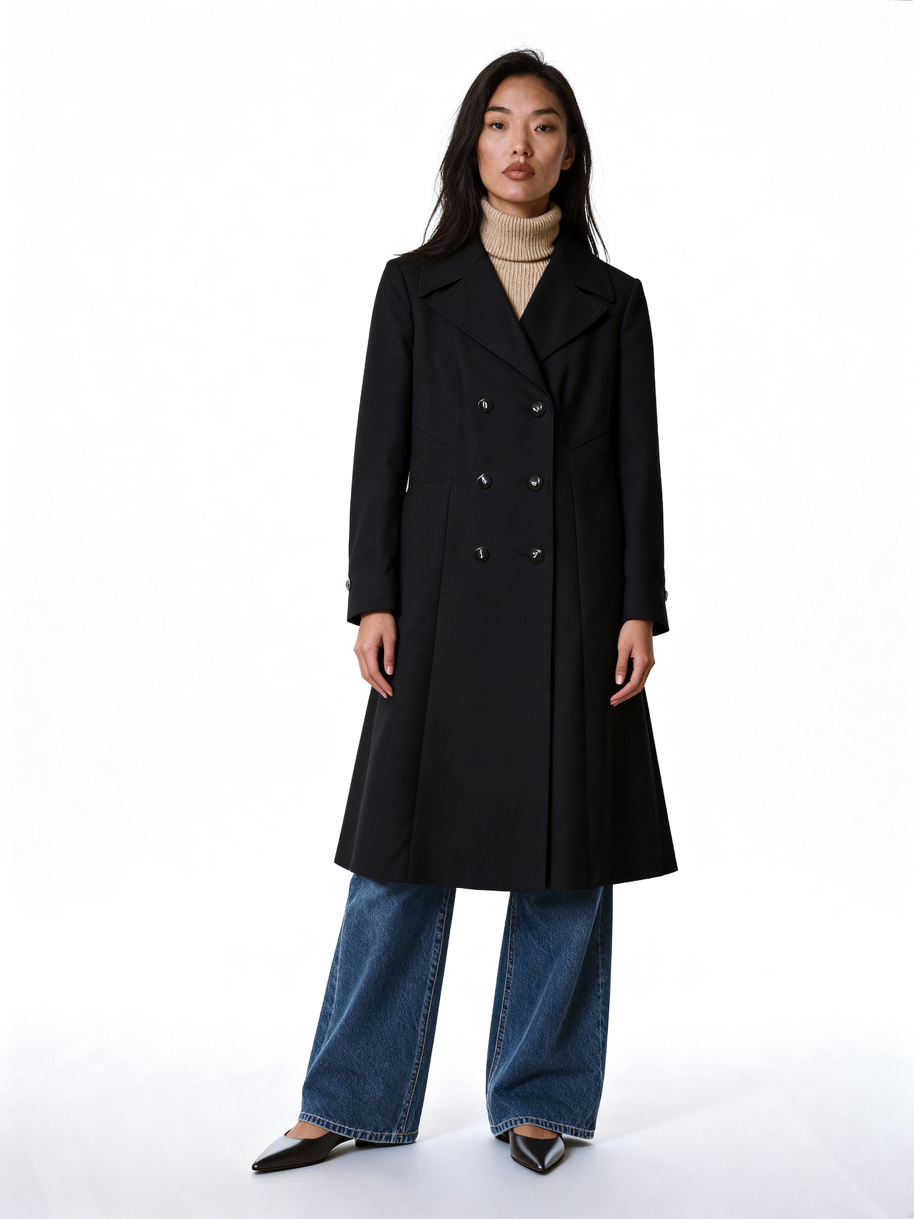 60S VINTAGE BLACK WOOL TRENCH COAT DOUBLE BREASTED