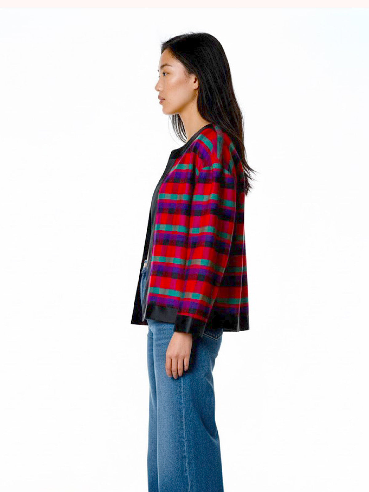 80S VINTAGE PURE SILK TARTAN BOXY BLAZER