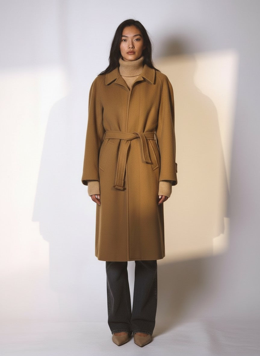 VINTAGE CASHMERE WOOL COAT BELTED CAMEL COLOUR