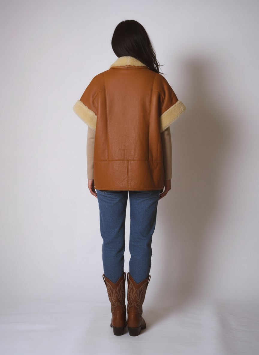 VINTAGE LEATHER SHEEPSKIN SHORT SLEEVES LIGHT BROWN