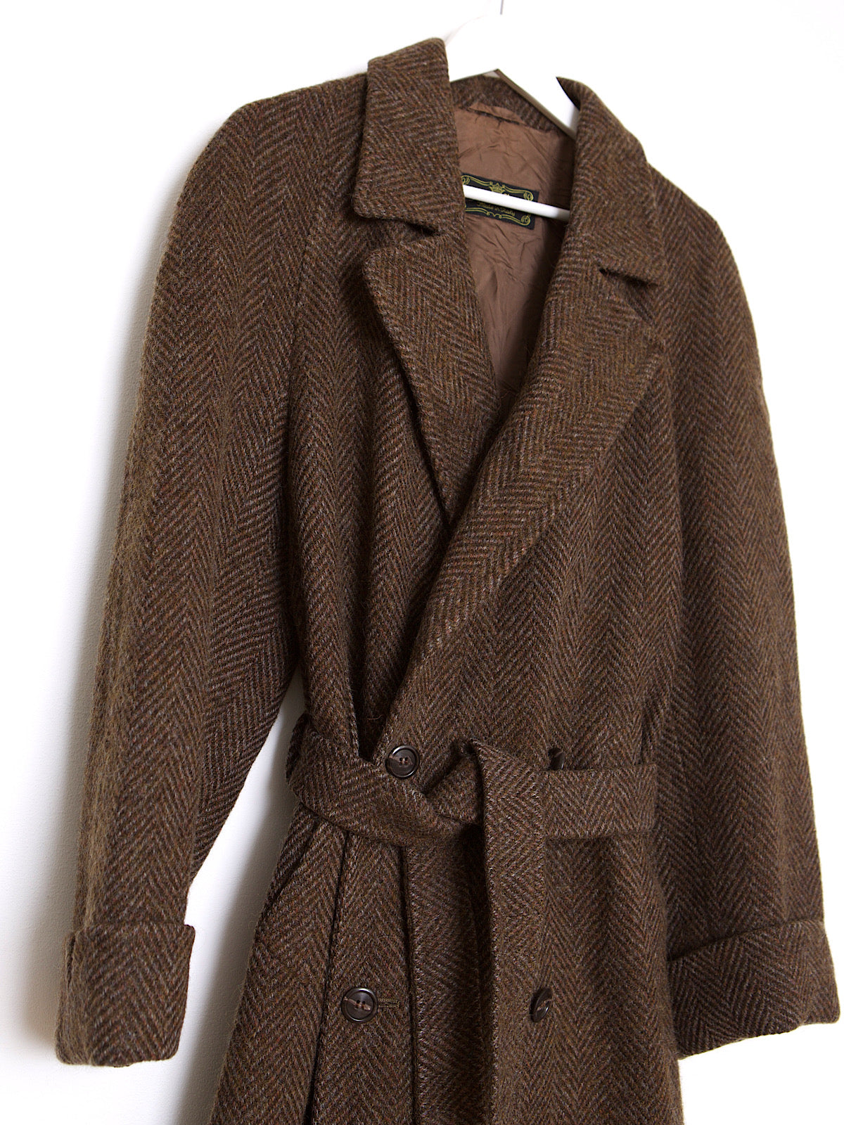 VINTAGE BROWN PURE WOOL TWEED BELTED COAT