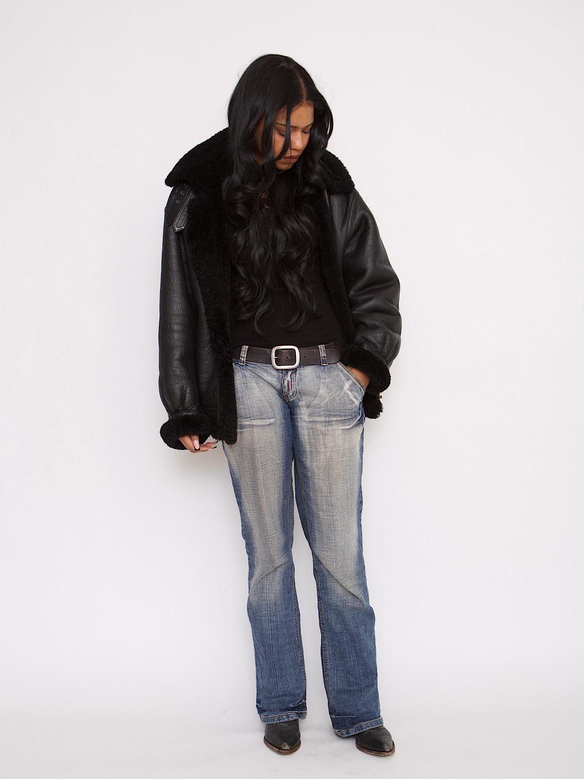 VINTAGE BLACK LEATHER SHEARLING FLYING JACKET