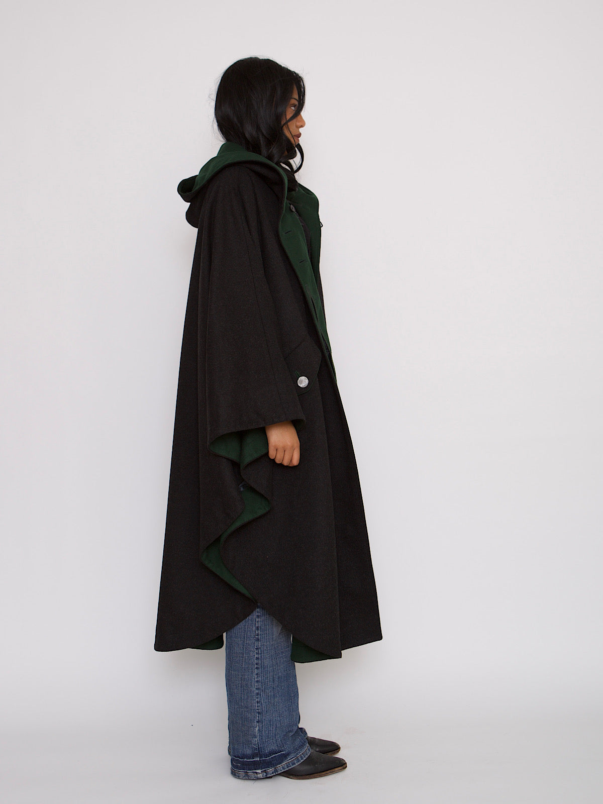 VINTAGE PURE WOOL CAPE HOODED IN GREY AND GREEN