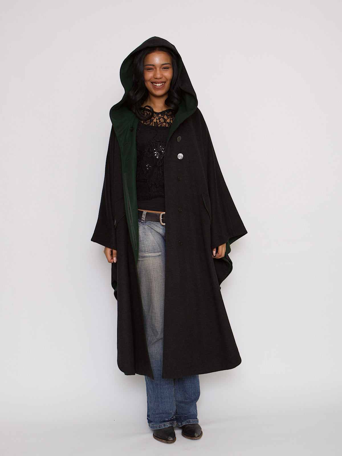 VINTAGE PURE WOOL CAPE HOODED IN GREY AND GREEN
