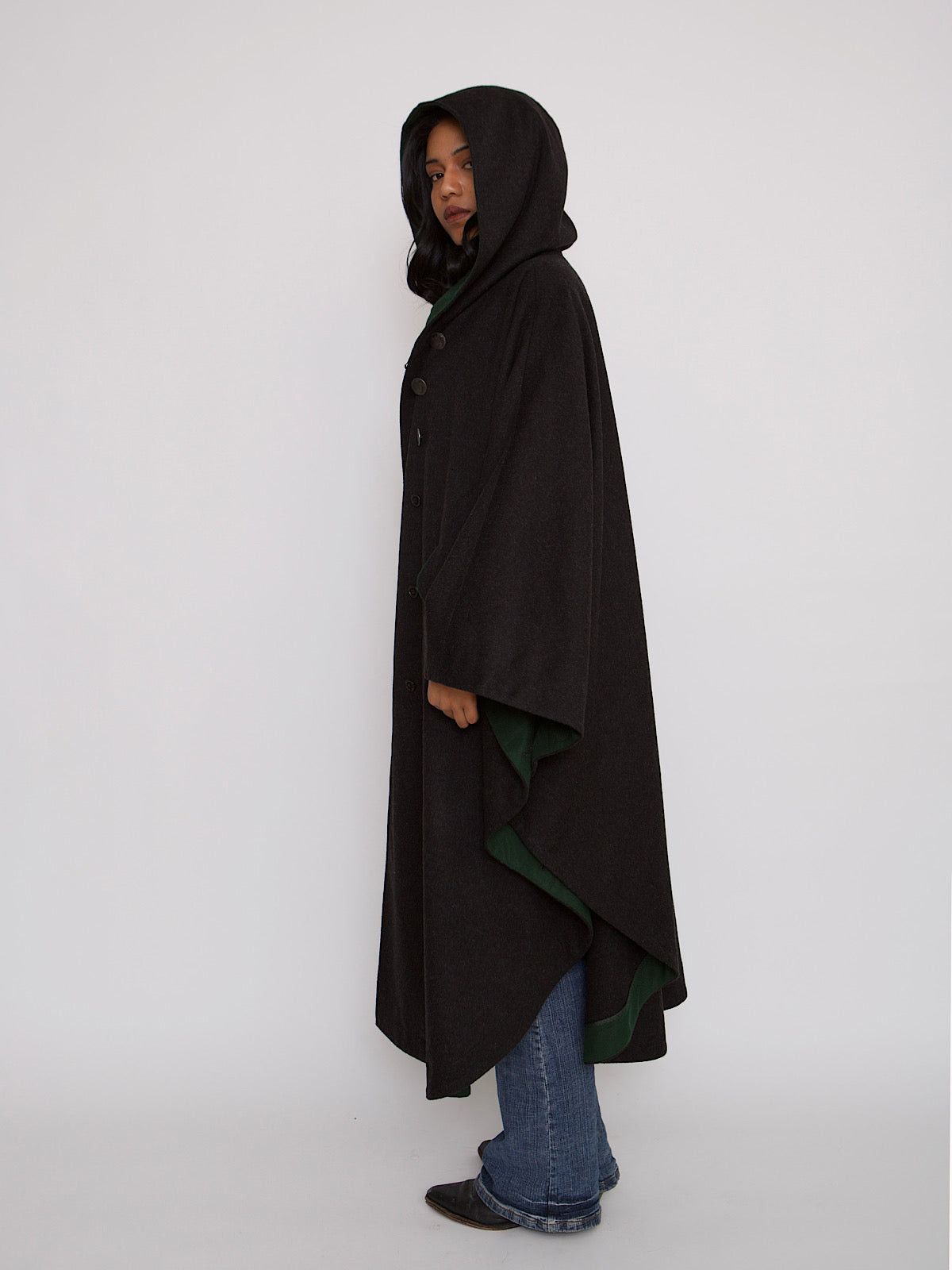 VINTAGE PURE WOOL CAPE HOODED IN GREY AND GREEN