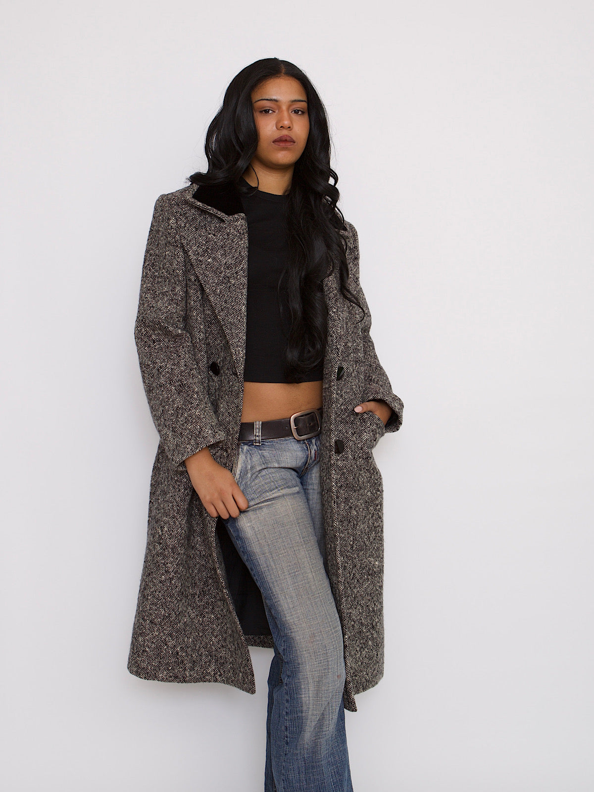 VINTAGE BLACK AND WHITE TWEED COAT DOUBLE BREASTED