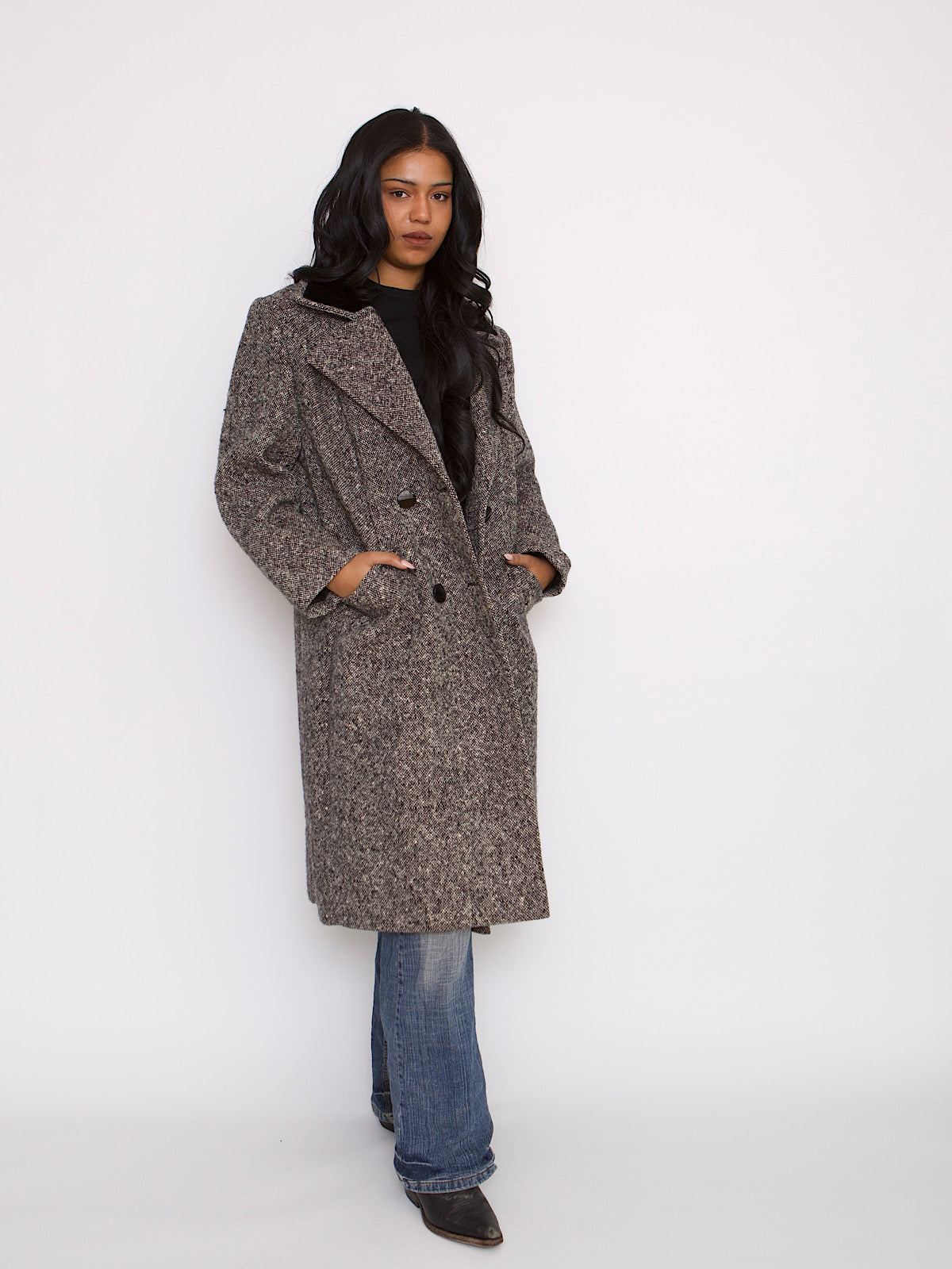 VINTAGE BLACK AND WHITE TWEED COAT DOUBLE BREASTED