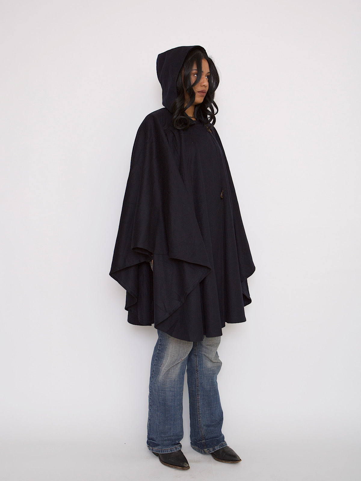 VINTAGE NAVY CAPE MID LENGTH BLACK VELVET COLLAR & HOOD
