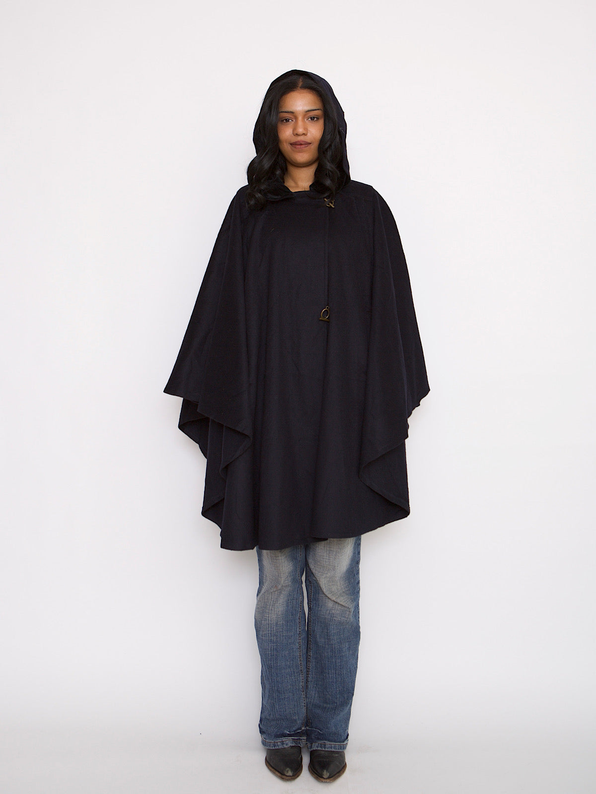 VINTAGE NAVY CAPE MID LENGTH BLACK VELVET COLLAR & HOOD
