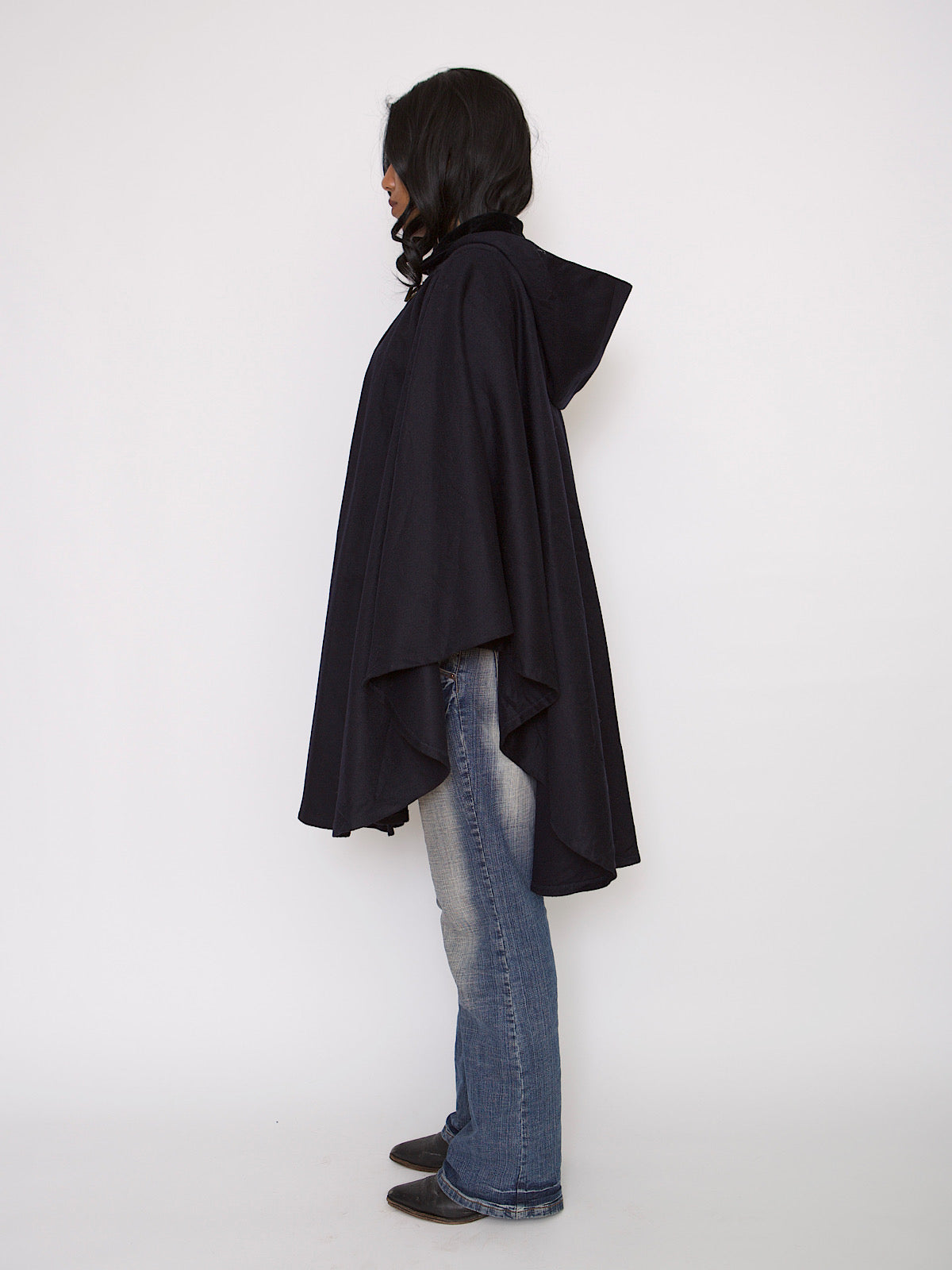 VINTAGE NAVY CAPE MID LENGTH BLACK VELVET COLLAR & HOOD