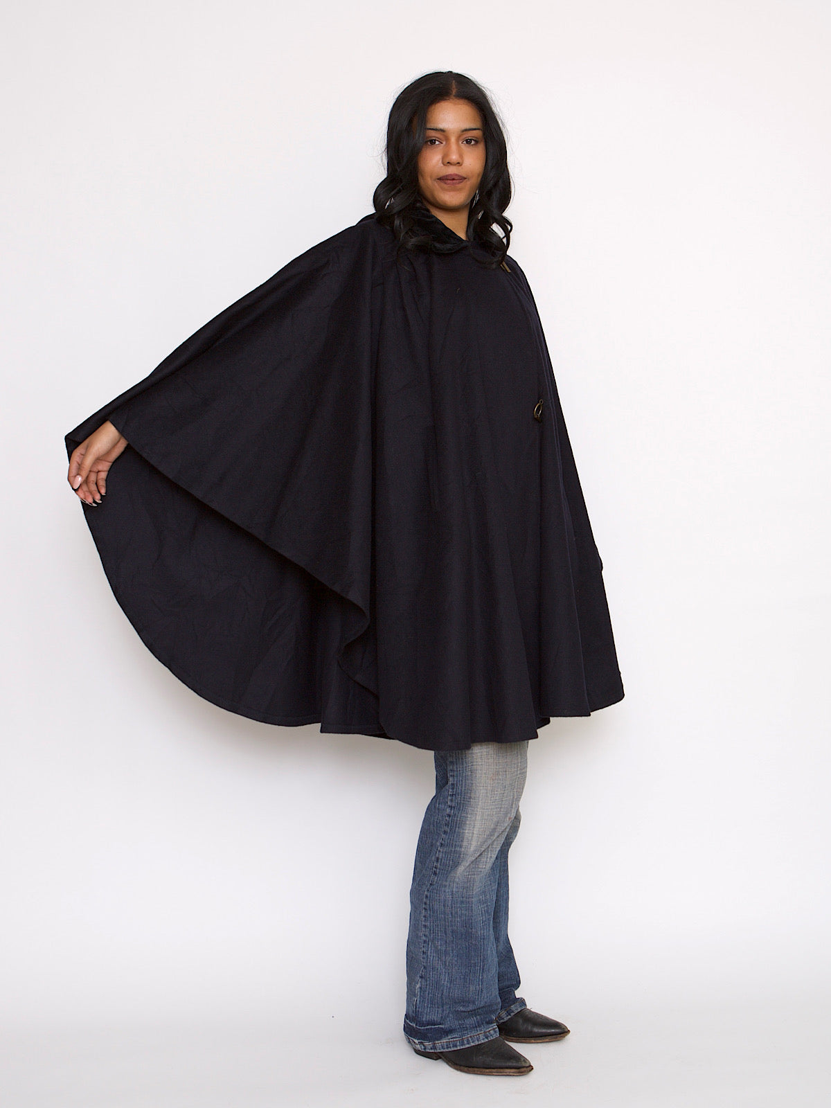 VINTAGE NAVY CAPE MID LENGTH BLACK VELVET COLLAR & HOOD