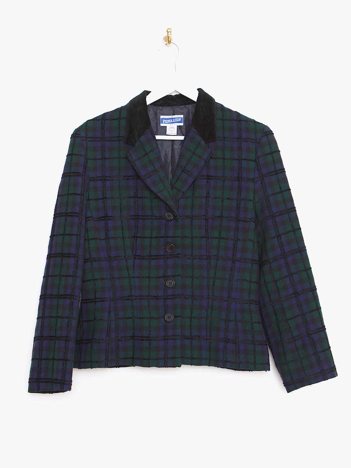 90S VINTAGE GREEN & NAVY TARTAN FITTED BLAZER