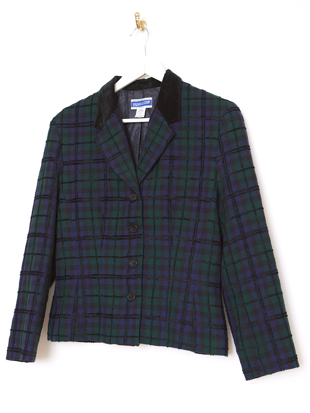 90S VINTAGE GREEN & NAVY TARTAN FITTED BLAZER