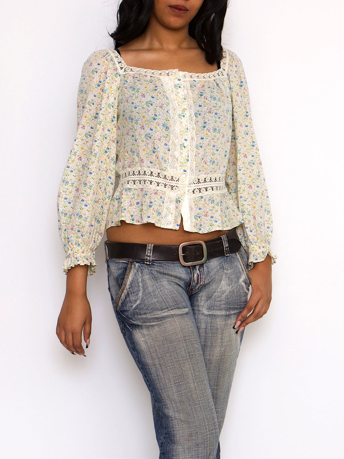 VINTAGE FLORAL CROPPED BLOUSE LARGE SQUARE NECK