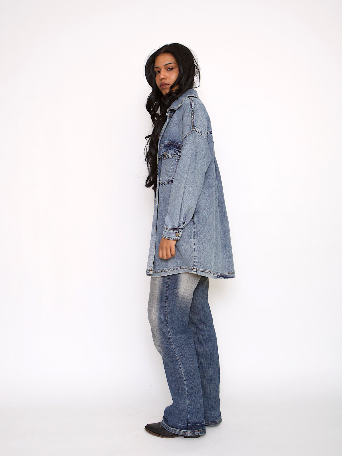 VINTAGE OVERSIZED MAXI DENIM SHIRT WITH CRYSTALS