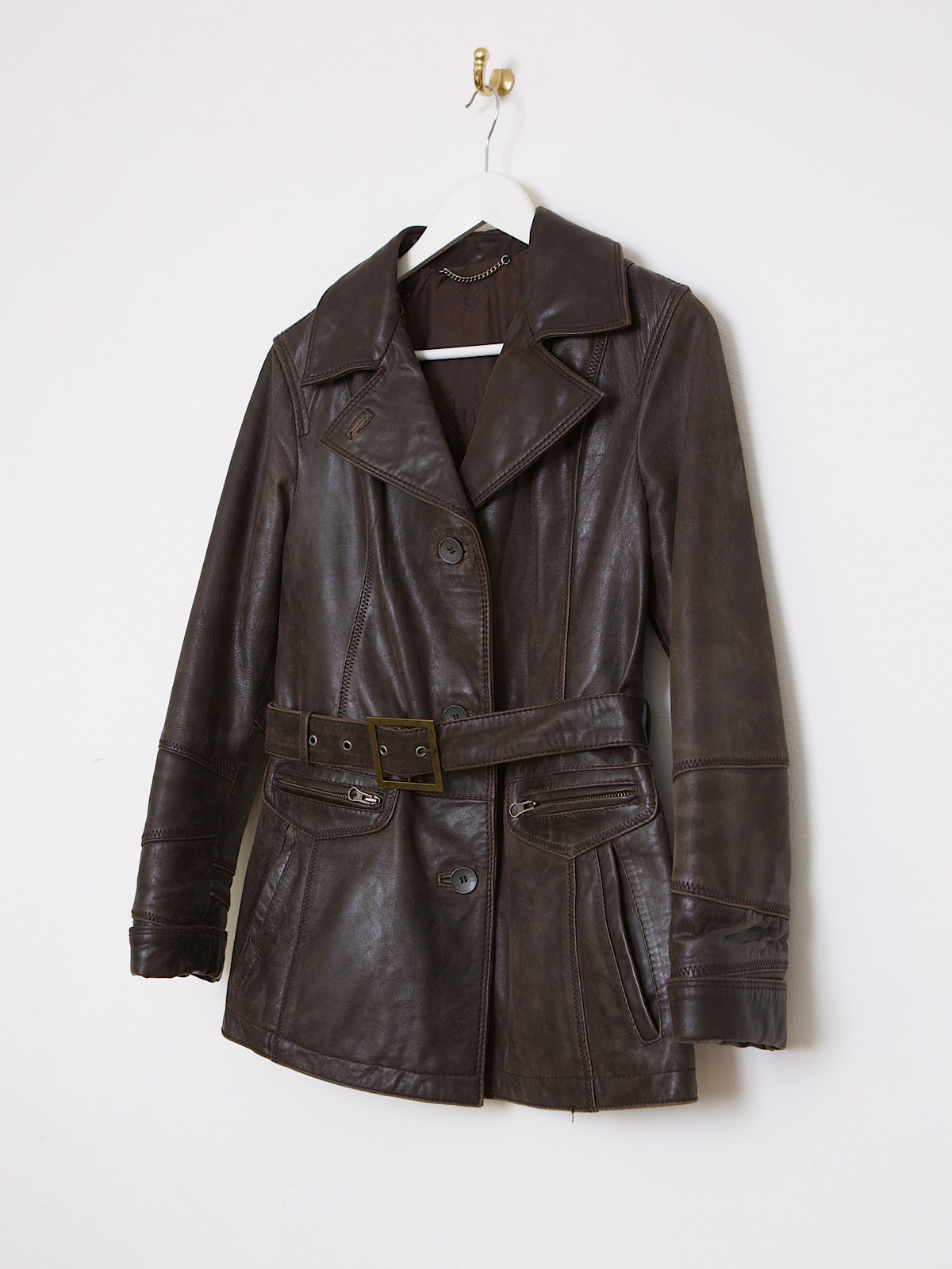 90S VINTAGE BELTED LEATHER JACKET IN BROWN