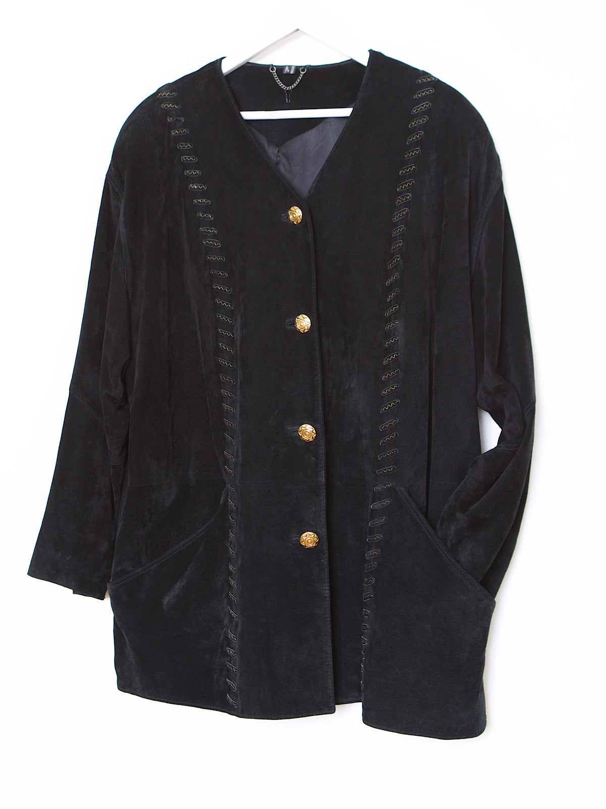 VINTAGE BLACK LEATHER SUEDE COAT GOLD DETAILS