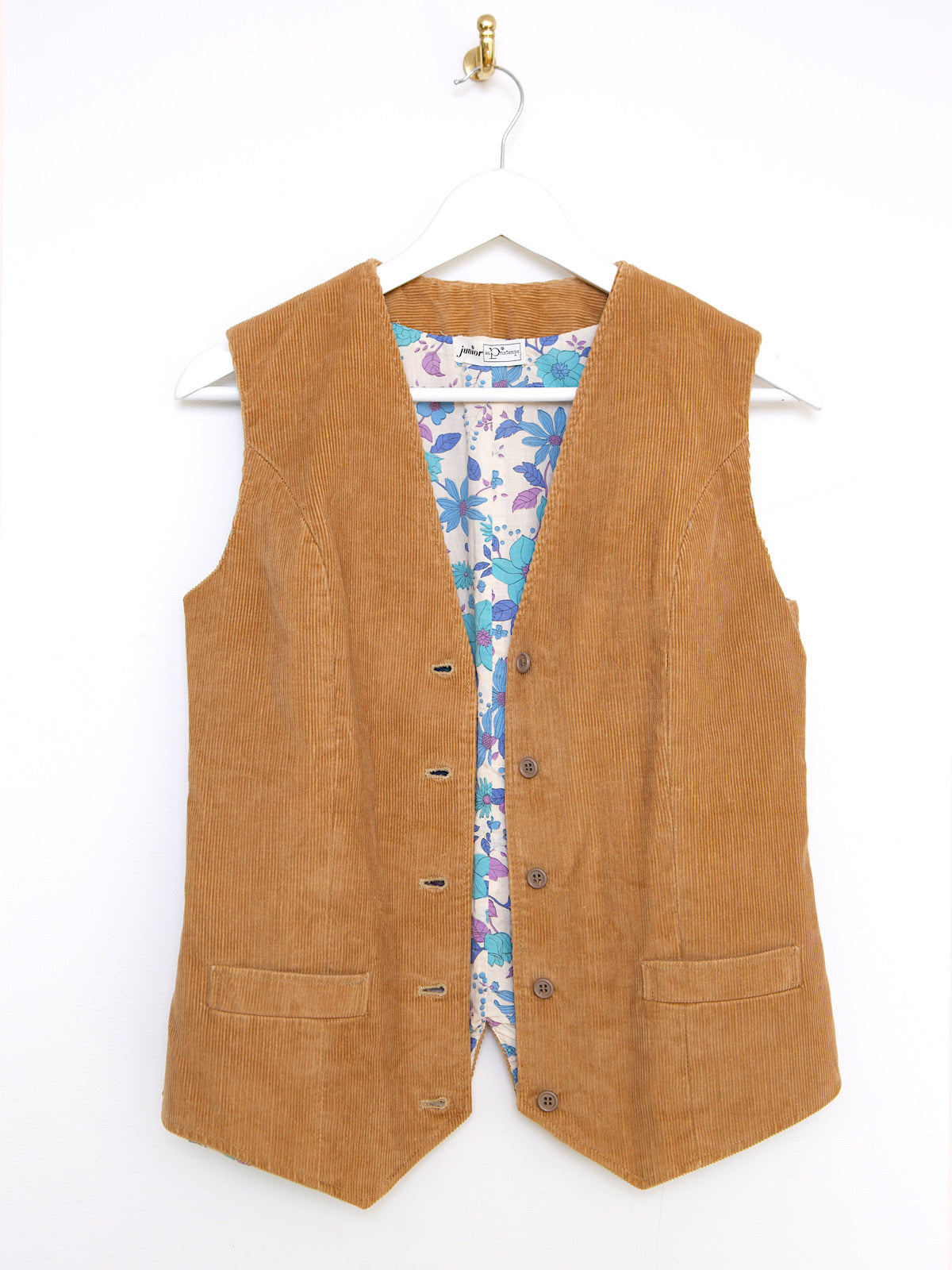 VINTAGE CORDUROY WAISTCOAT BLUE FLORAL LINING