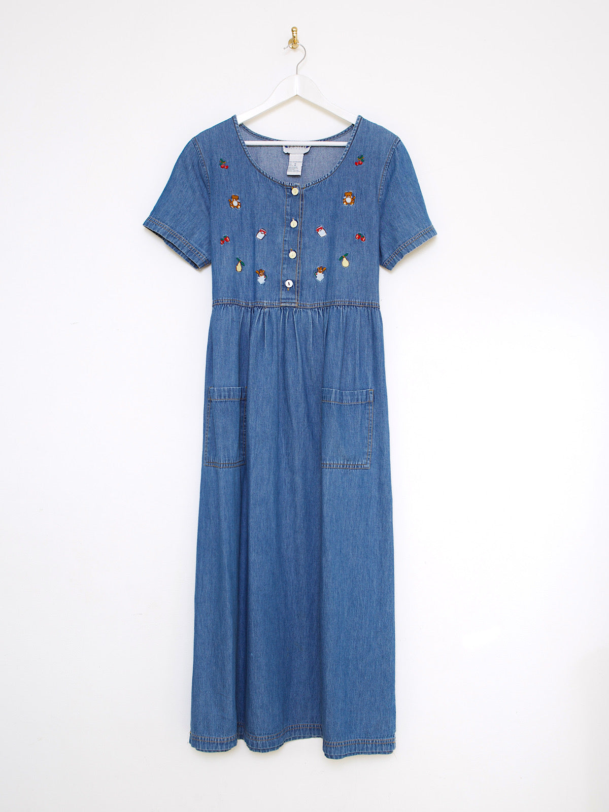 VINTAGE BLUE DENIM EMBROIDERED MIDI DRESS SHORT SLEEVES