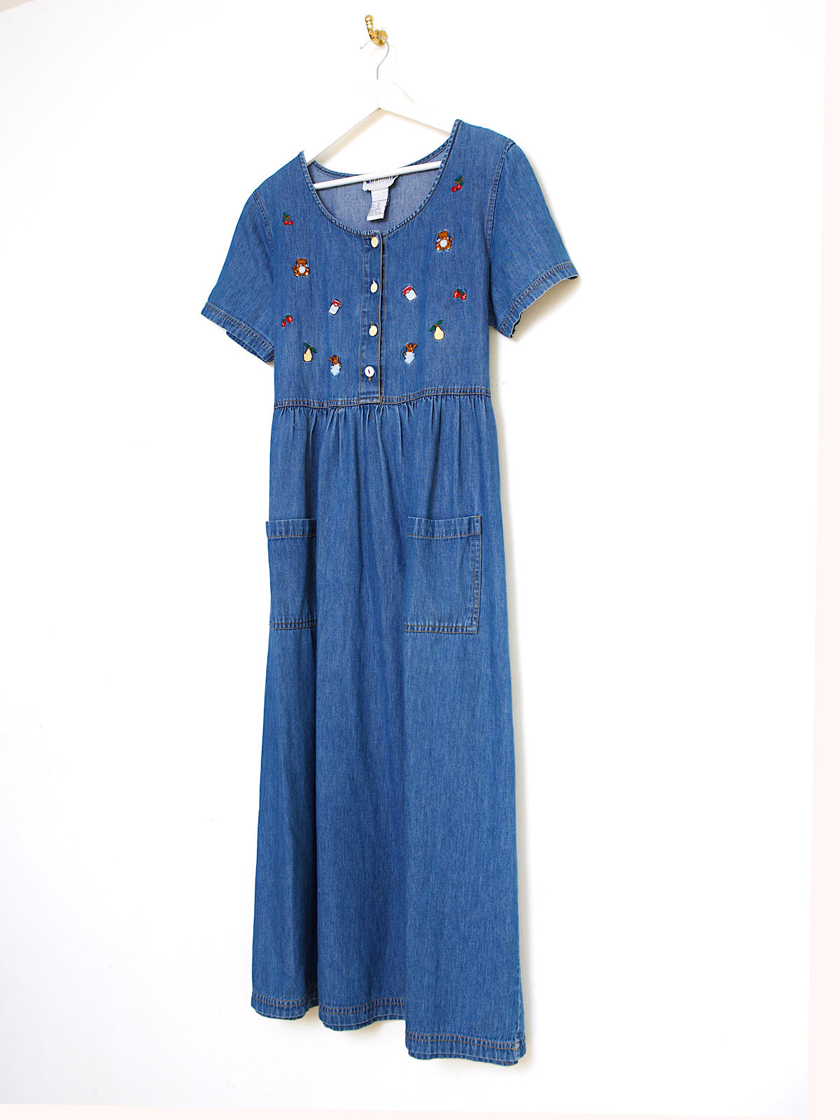 VINTAGE BLUE DENIM EMBROIDERED MIDI DRESS SHORT SLEEVES