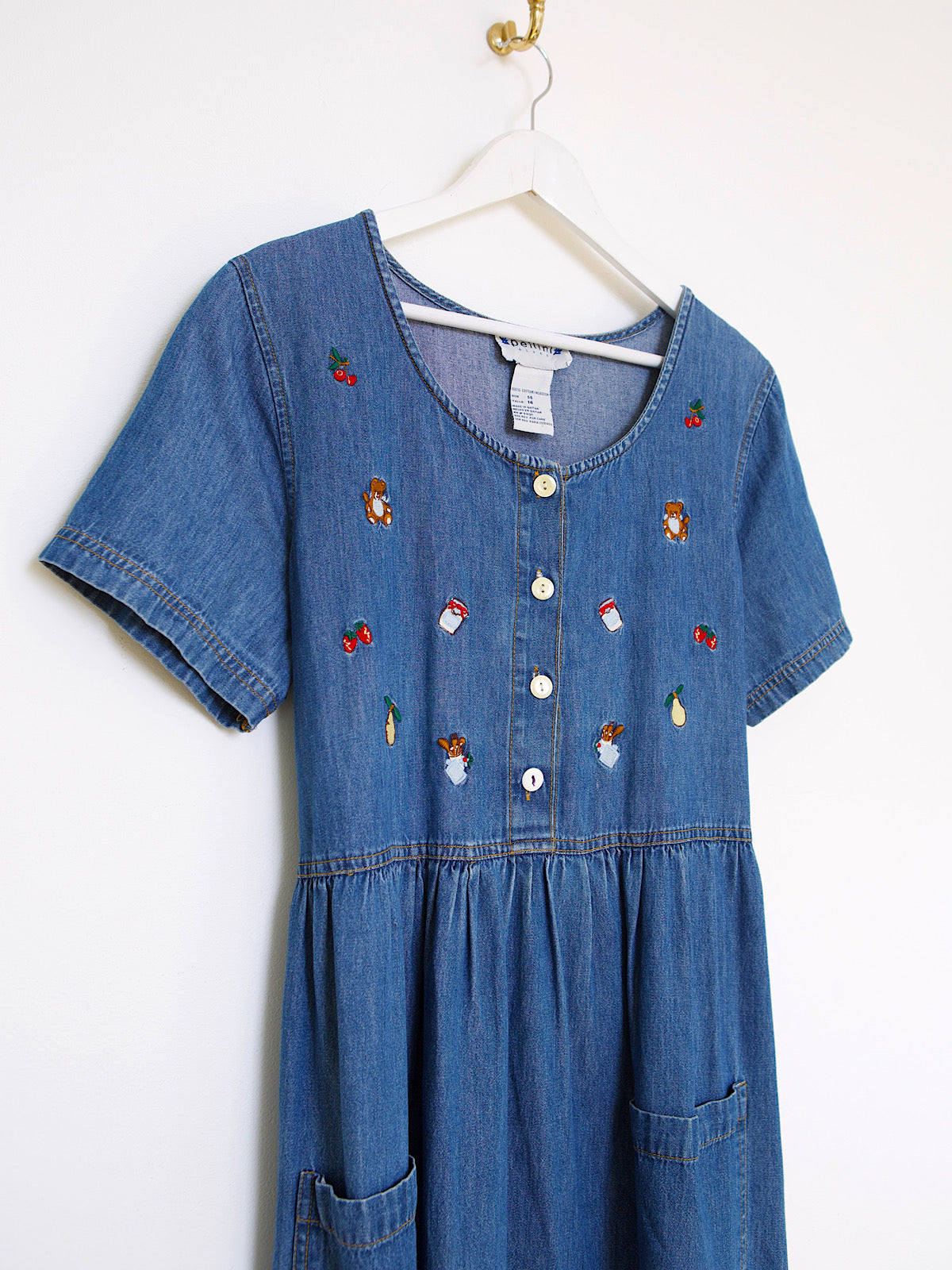 VINTAGE BLUE DENIM EMBROIDERED MIDI DRESS SHORT SLEEVES