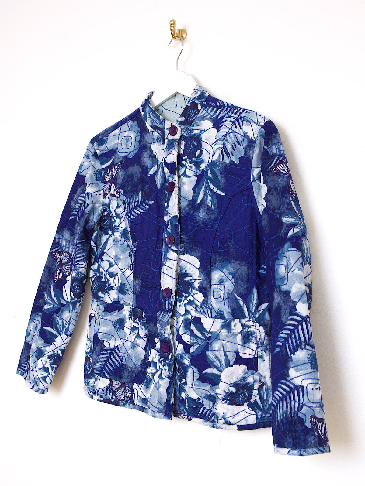 REVERSIBLE EMBROIDERED BLUE COTTON JACKET WITH BUTTERFLY & FLORAL PRINT