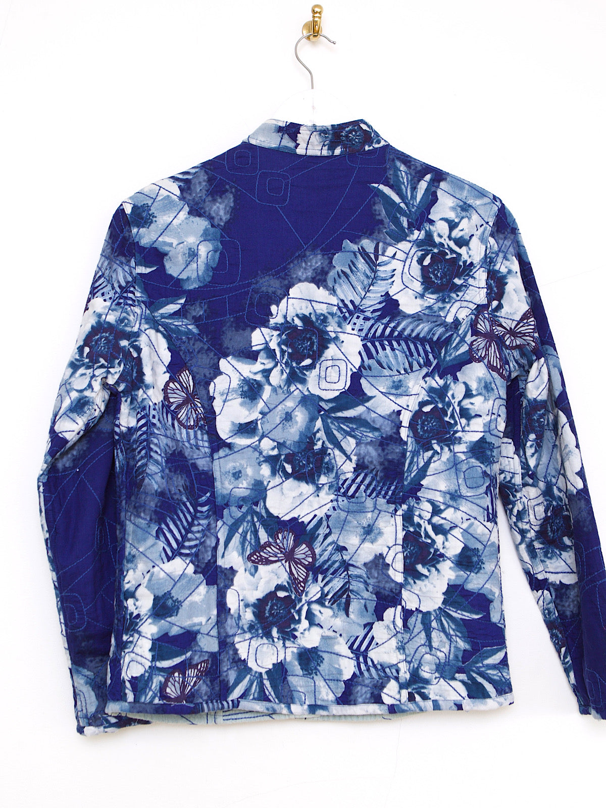 REVERSIBLE EMBROIDERED BLUE COTTON JACKET WITH BUTTERFLY & FLORAL PRINT