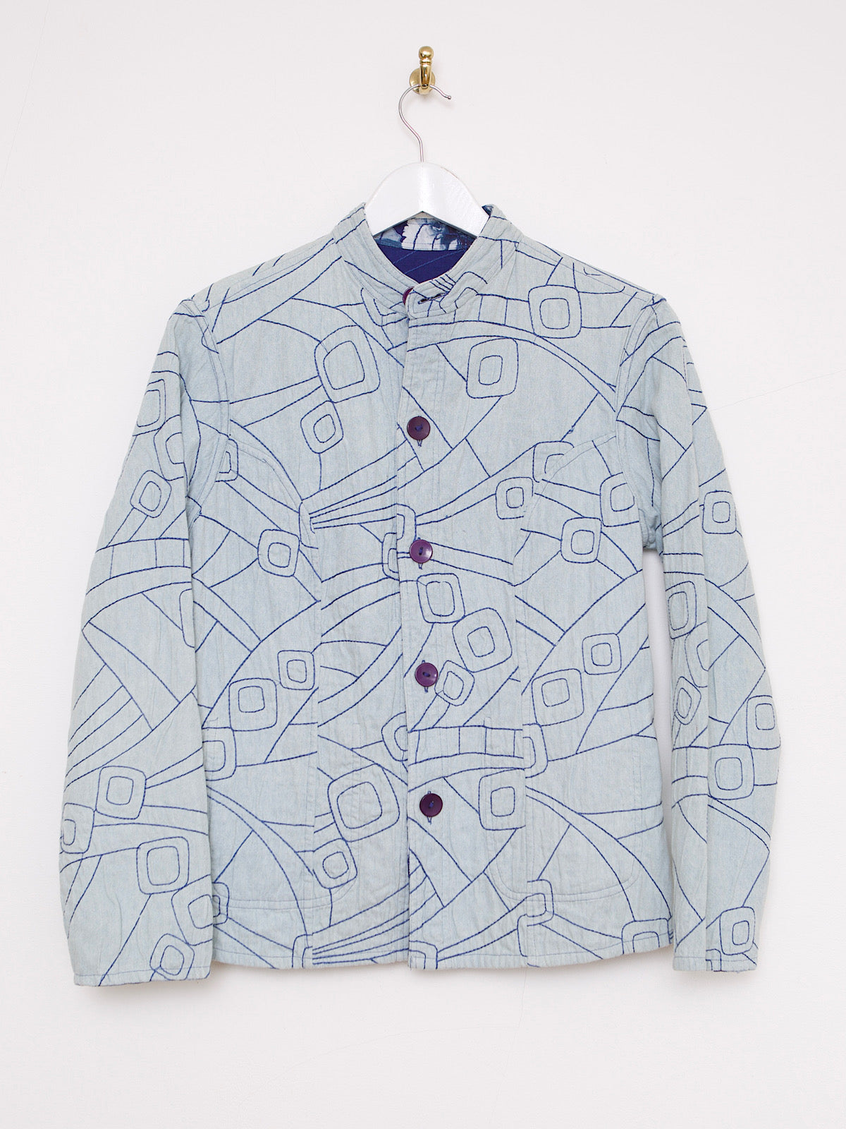 REVERSIBLE EMBROIDERED BLUE COTTON JACKET WITH BUTTERFLY & FLORAL PRINT
