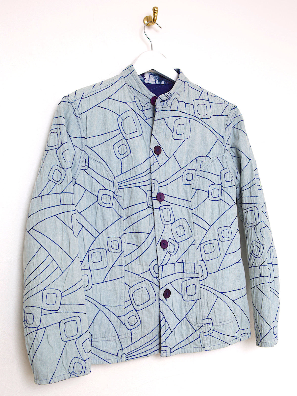 REVERSIBLE EMBROIDERED BLUE COTTON JACKET WITH BUTTERFLY & FLORAL PRINT