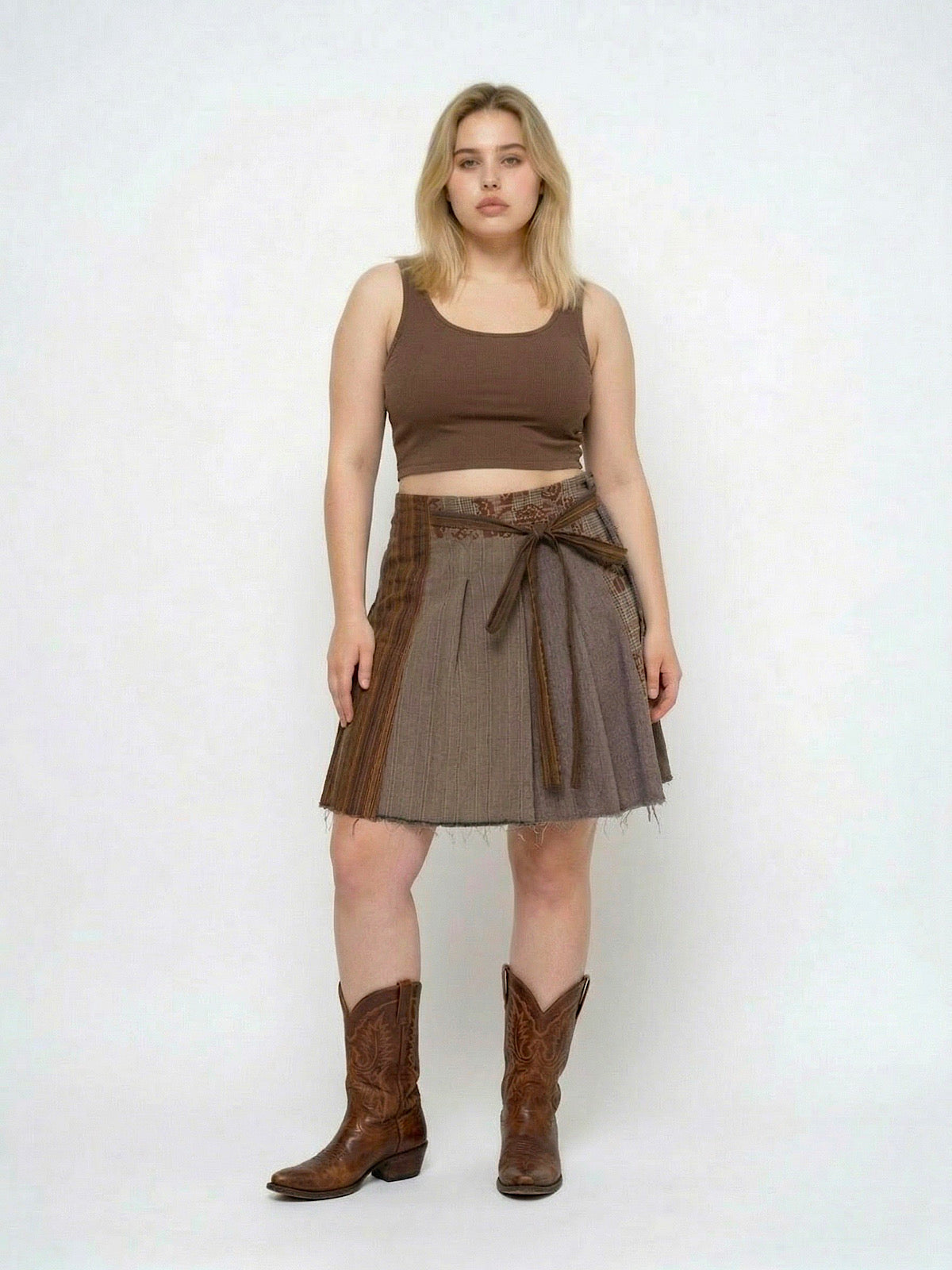 90S MINI SKIRT BROWN MIXED FABRICS WITH BELT
