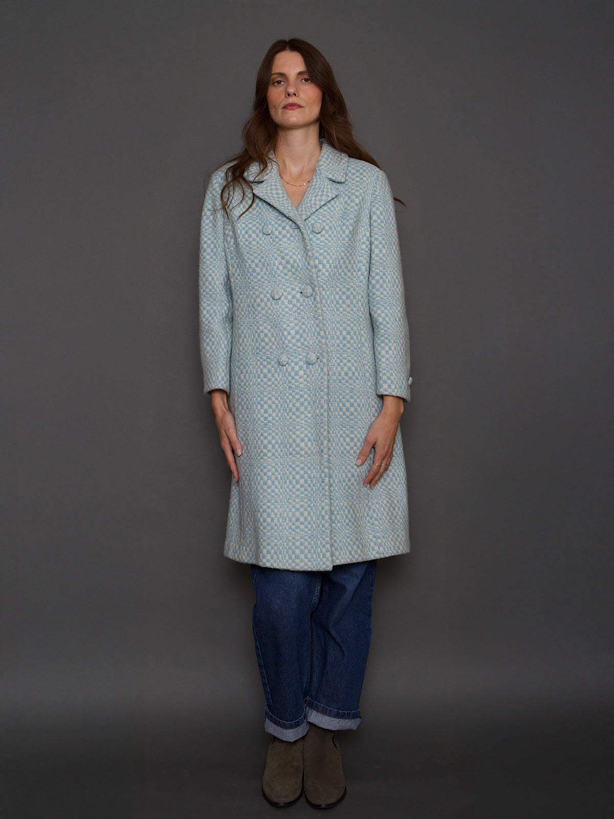 VINTAGE BLUE WOOL TWEED COAT SMALL CHECK PRINT
