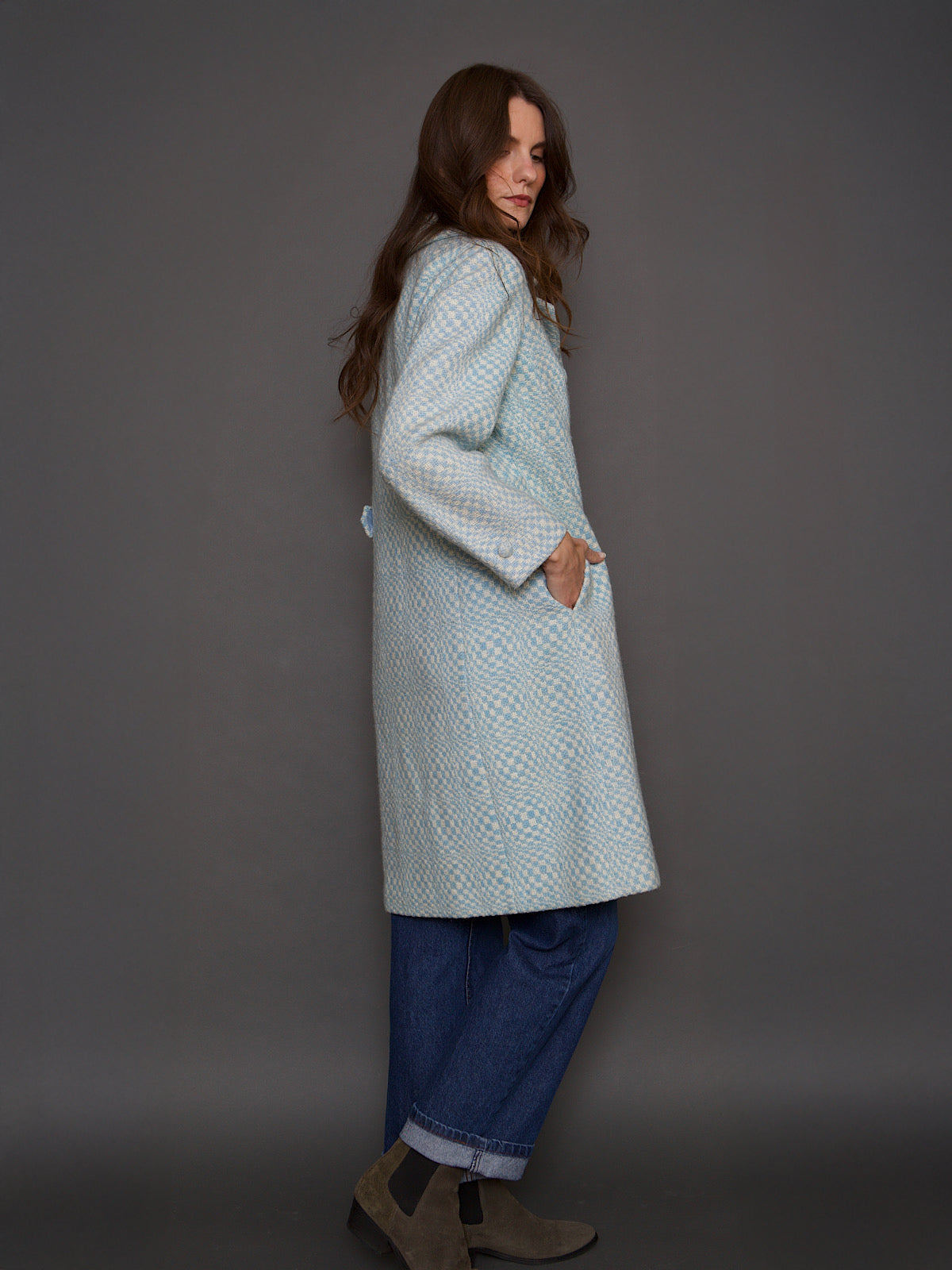 VINTAGE BLUE WOOL TWEED COAT SMALL CHECK PRINT