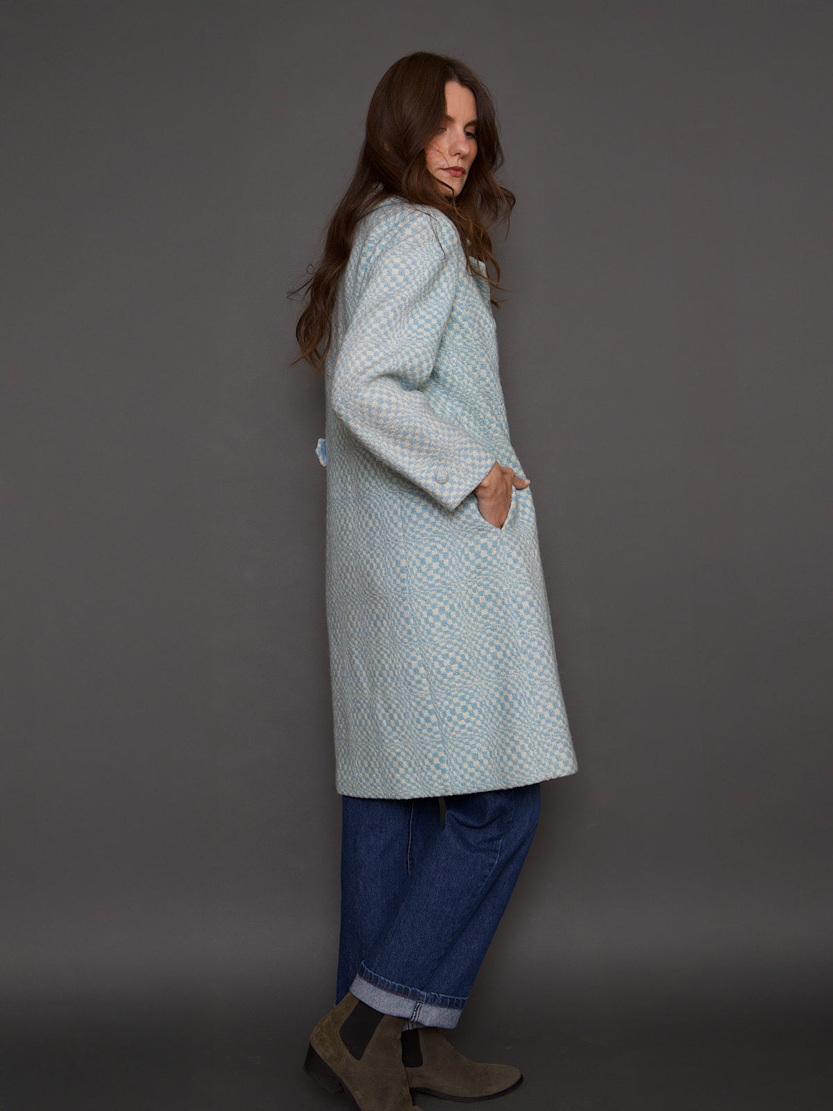 VINTAGE BLUE WOOL TWEED COAT SMALL CHECK PRINT