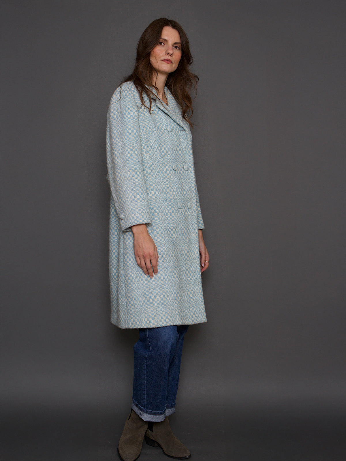 VINTAGE BLUE WOOL TWEED COAT SMALL CHECK PRINT